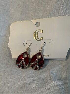 NWT Charming Charlie Red Teardrop Dangle Earrings with Crystal Accents